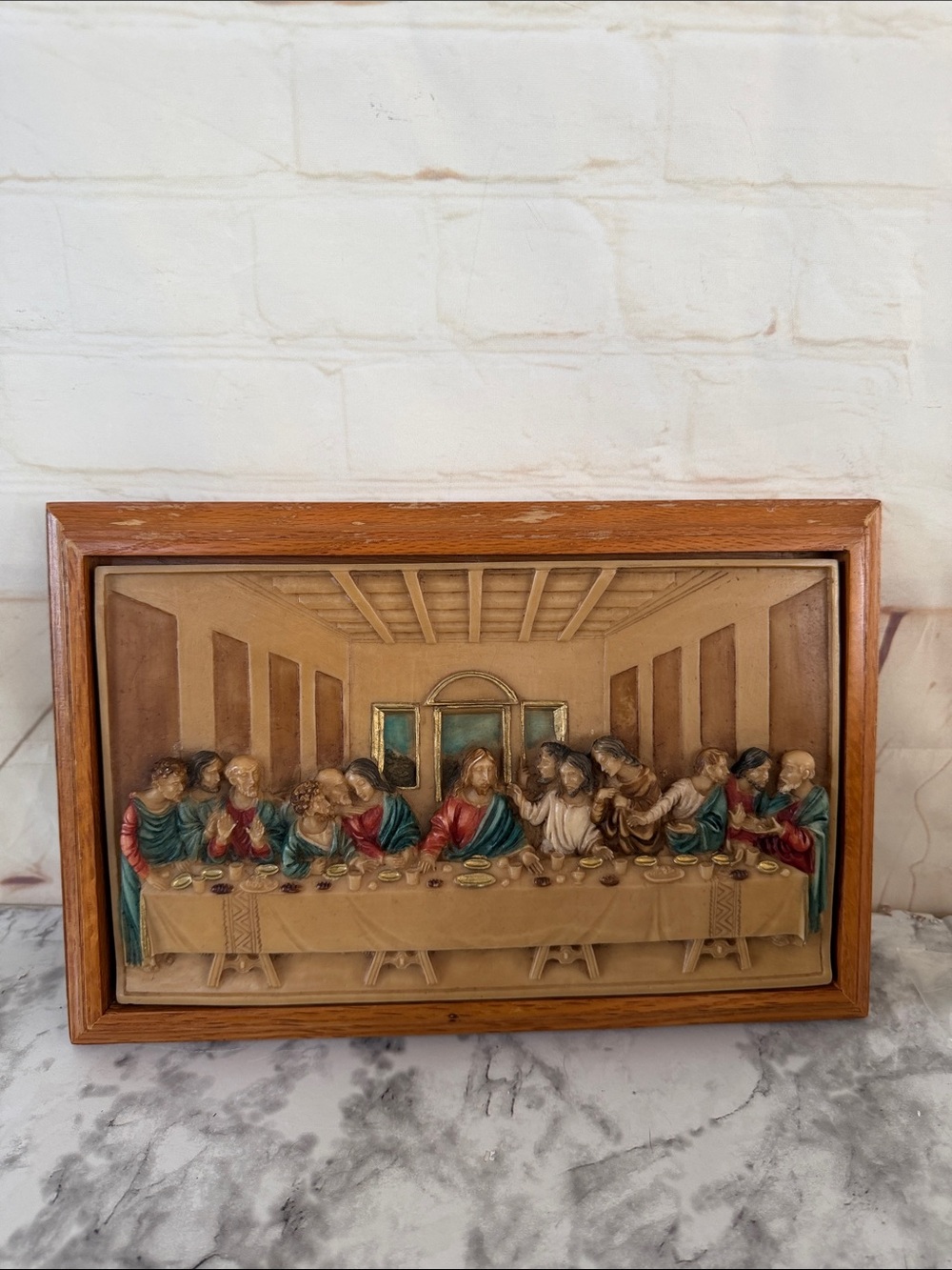Antique JESUS last supper wall art 3D plaque framed resin 7.5”x11.5”